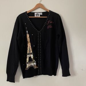 VTG Storybook Knits Paris Eiffel Tower Cardigan Sweater L Beaded Sequin Travel